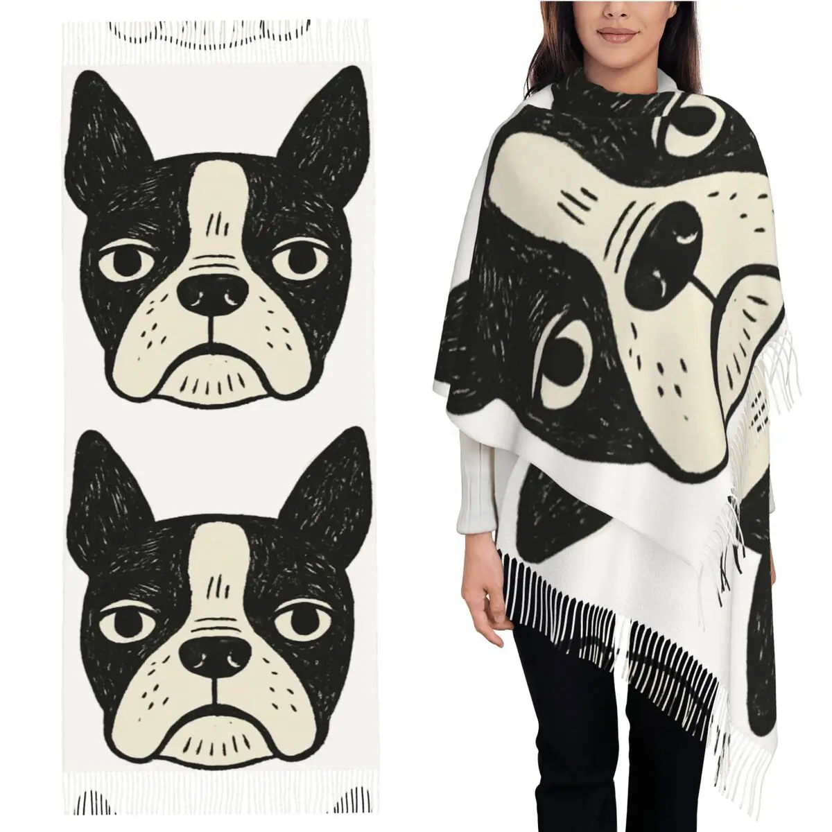

Black And White Boston Terrier Dog Scarf Tassel Scarves for Women Soft Warm Shawls and Wraps Long Fall Winter Shawl Wrap