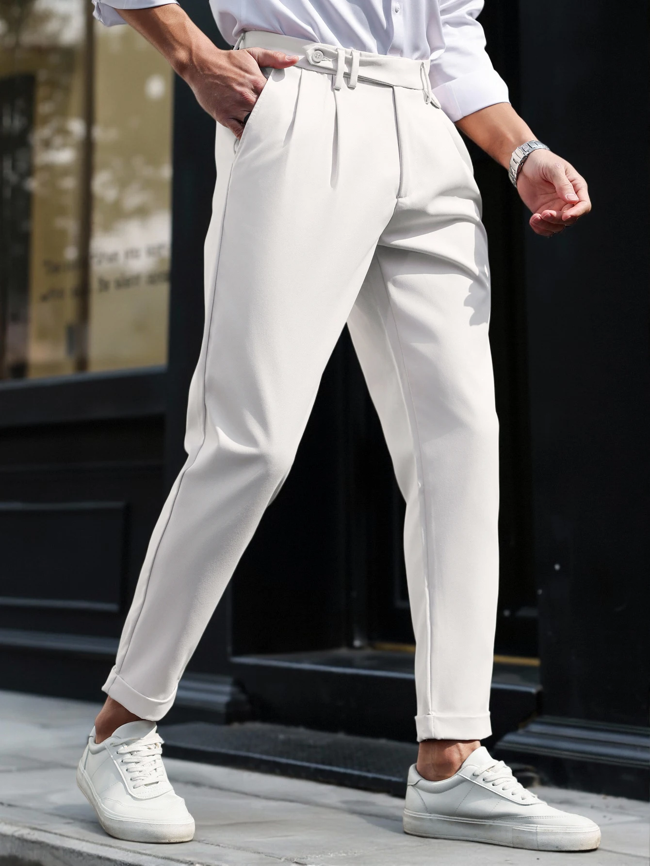 Men's Gurkha High Waist Pleated Cuffed Tapered Cropped Dress Pants, 100% Polyester Business Casual White Trousers