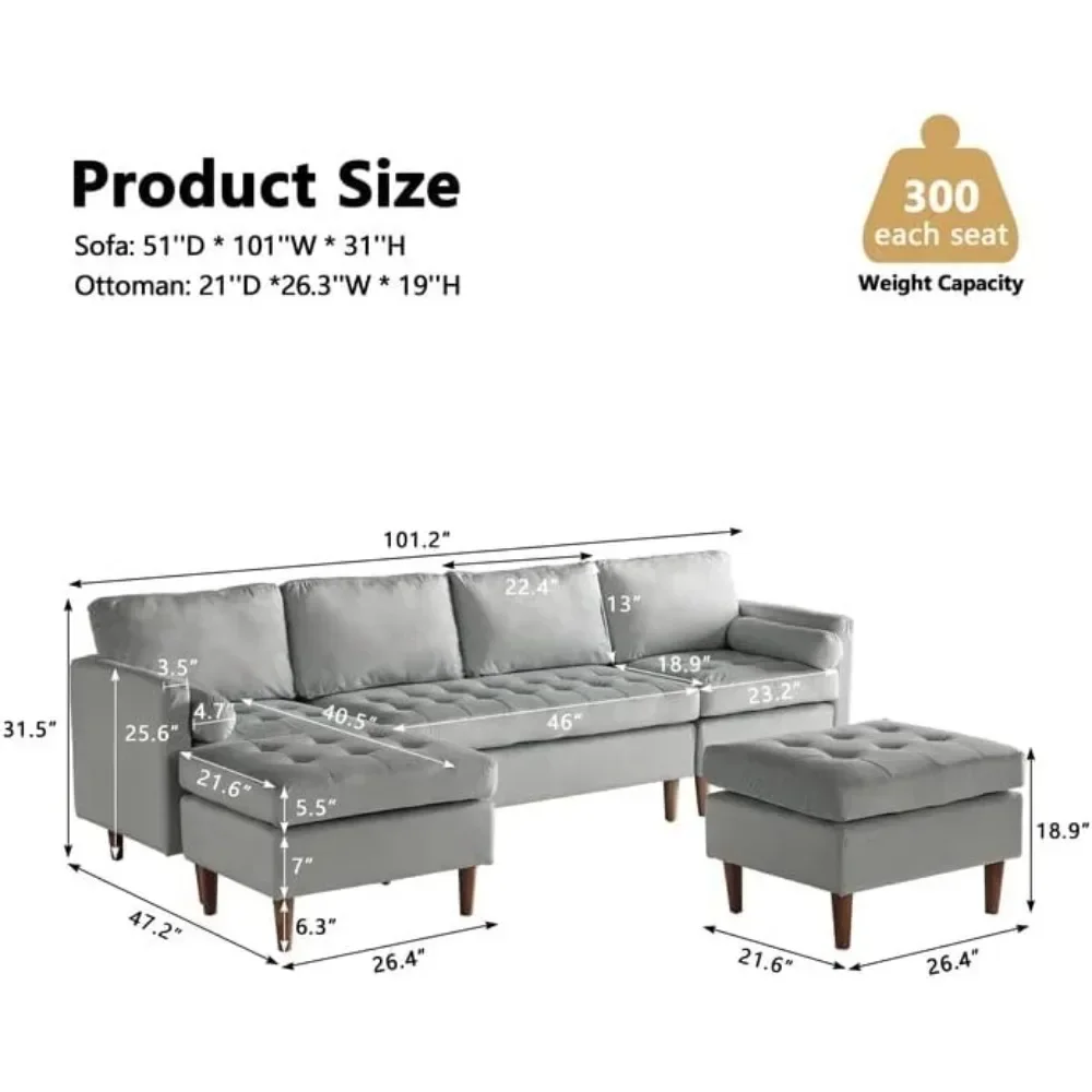 Modular Sectional Sofa, Velvet U Shaped Couch, Modular Sectional with Reversible Ottomans for Living Room, Grey