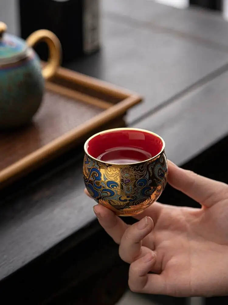 Zhou Hongjie's Handcrafted 24K Gold-Plated Tea Personal Use And Silver Inlaid Taotie Cup, Pure Gold Jianzhan Master Cup