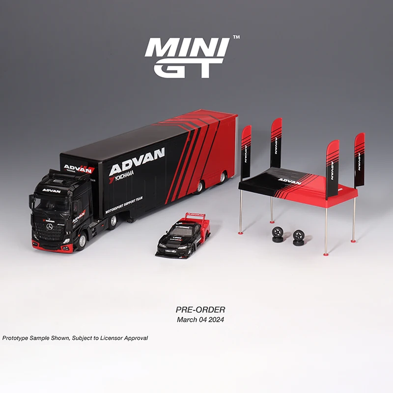 MINI GT 1:64 ADVAN Mercedes Benz Transporter + Nissan S15 Rennwagen + Zeltlegierungsdruckgussmodell, Jungenspielzeug, Kindergeschenk