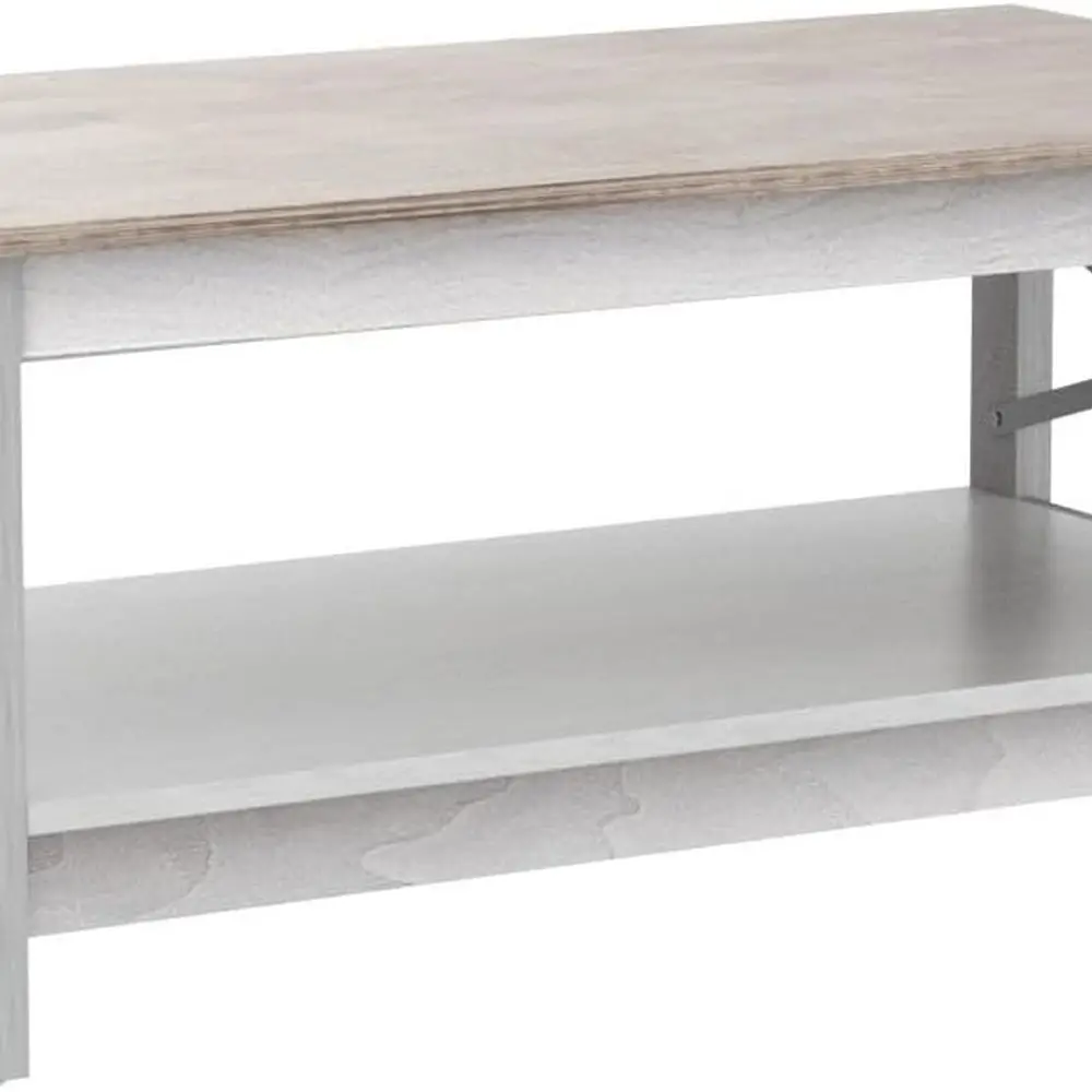 طاولة قهوة حديثة على طراز المزرعة مع مساحة تخزين، طاولة خشبية مكونة من طبقتين لغرفة المعيشة، لمسة نهائية باللون الرمادي