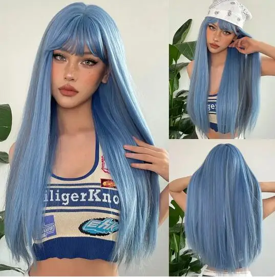 

Blue with Grey Highlight Long Straight Synthetic Wigs with Bangs Cosplay Hairs Wig for Women Daily Natural Heat Resistant