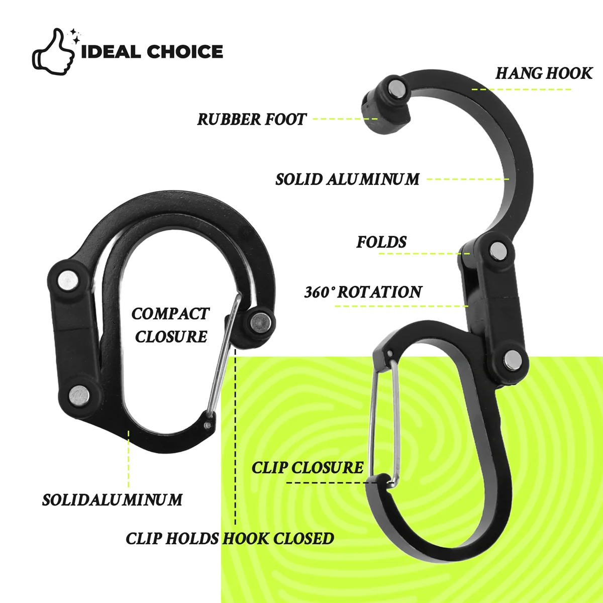 ABAZJ Multifunctional D-Shaped Carabiner Keychain 360 Rotating Hook for Camping, Hiking, Travel (Black)