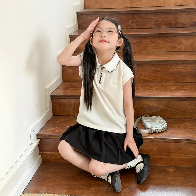 Girls Simple Clean and Refreshing Top Children Girls College Style Turn-down Collar Shirt T-shirt 2026 Summer New