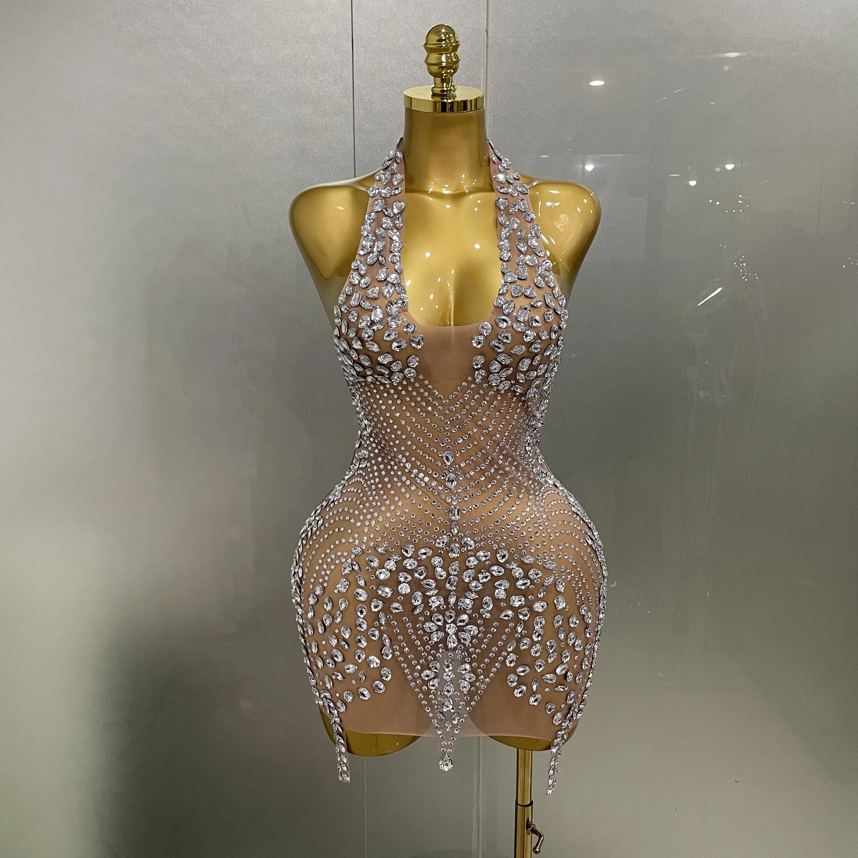2025 novo sexy brilhante strass halter sem costas malha veludo vestido curto feminino baile de formatura celebrar festa de aniversário palco wear