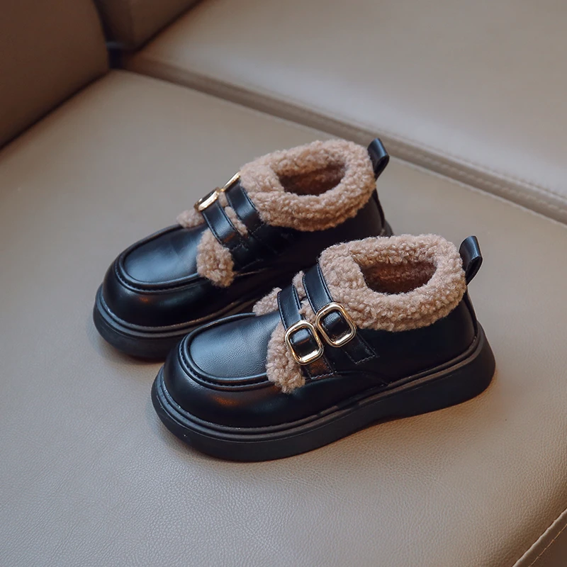 Girls Winter Fleece Lined Loafers Kids Warm Cotton Shoes Double Hook and Loop Thick Non Slip Ankle Boots for Daily School Wear