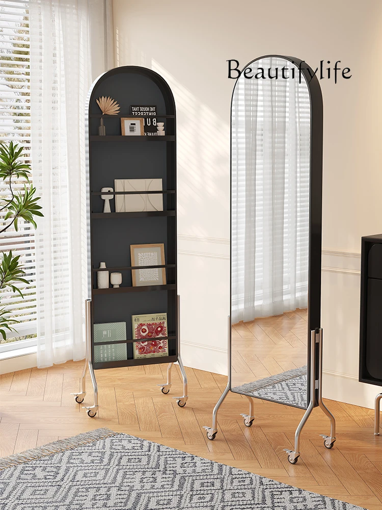 Movable mirror Full body full-length mirror Antique household fitting floor rack Rotary storage magazine rack