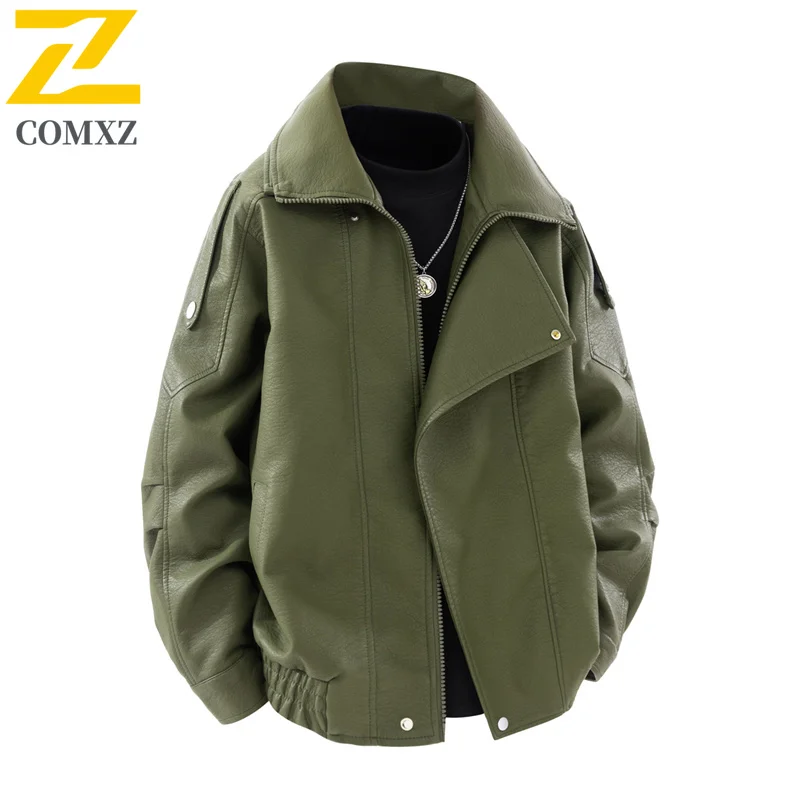 COMXZ Autumn PU Leather Coat Men Classic Lapel Camping Comfort Jacket Casual Hiking Windproof Multi Function Autumn Clothing