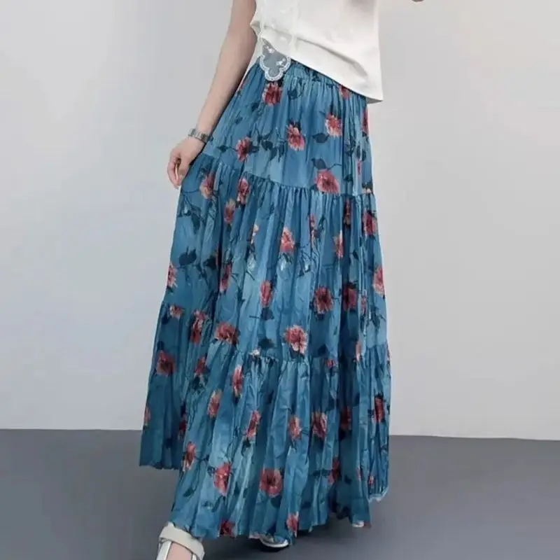 

Новая повседневная свободная юбка в богемном стиле для женщин, модная юбка миди А-силуэта с цветочным принтом, завышенной талией и складками, для отпуска, милая юбка-жупе