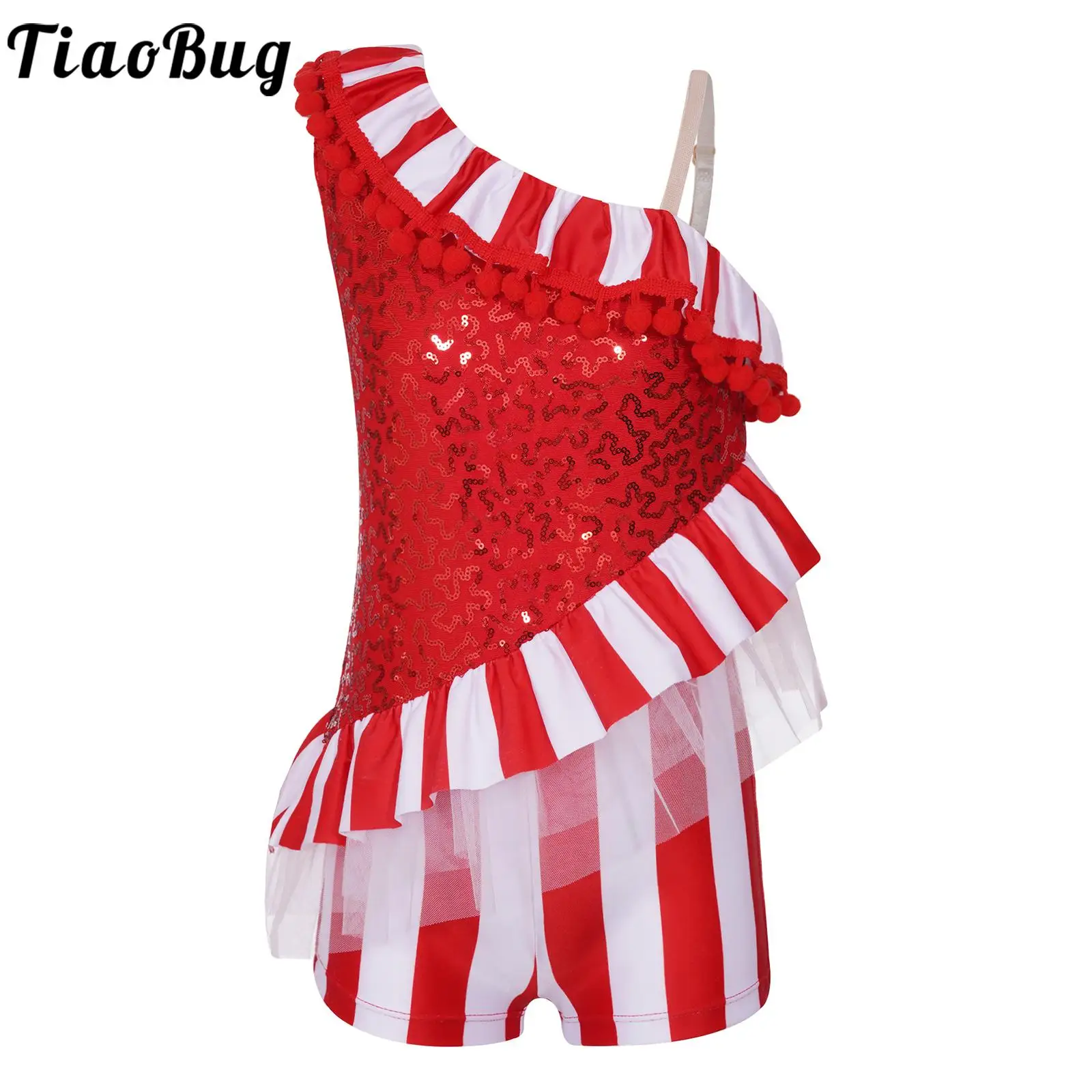 

Kids Girls Christmas Dance Bodysuit Jumpsuit Candy Cane Striped Shorty Unitard Sequins Xmas Santa Sweetie Costume Dancewear