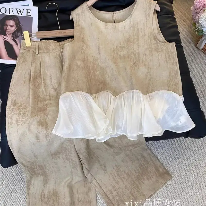 

Новые летние комплекты брюк для женщин, высококачественный модный лоскутный жилет без рукавов с рюшами, топ + широкие брюки с высокой талией, комплект из двух предметов