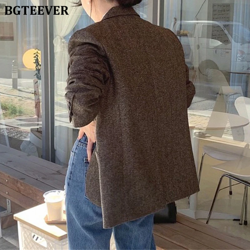 BGTEEVER Vintage Notched Collar Ladies Single-breasted Solid Blazer Jackets Casual Full Sleeve Loose Female Woolen Suit Coats