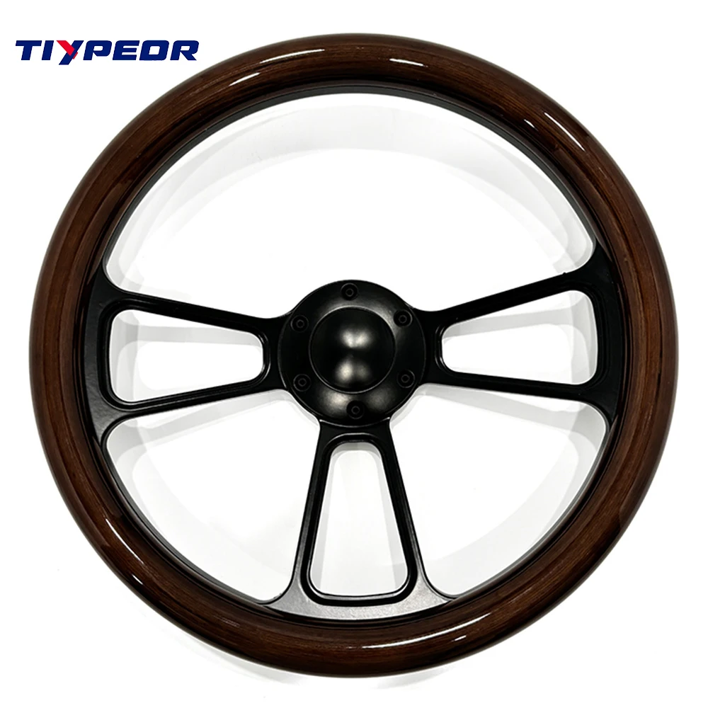 Universal 14 inch 350mm classic retro brown solid wood black chrome plated three spoke bracket 5mm thick steering wheel