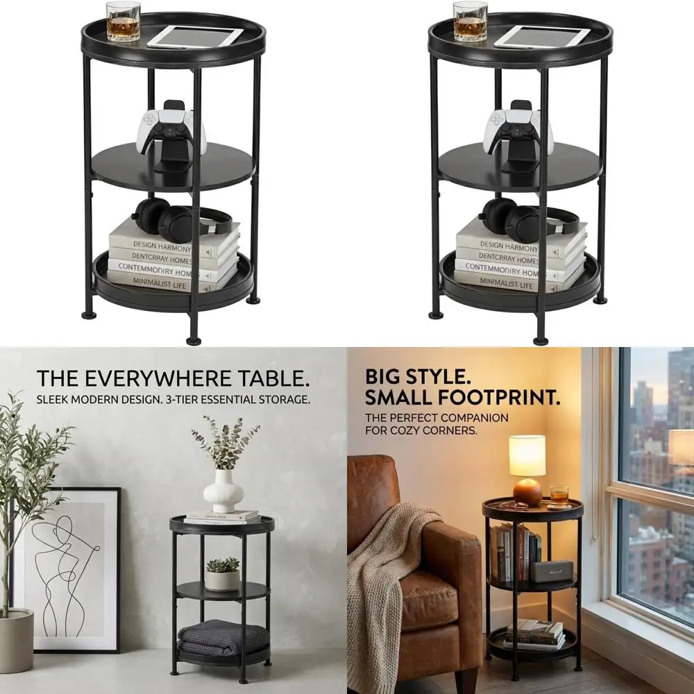 

Круглый журнальный столик в индустриальном стиле с 3 полками для небольших помещений, подходит для гостиной, спальни или использования на открытом воздухе, черный