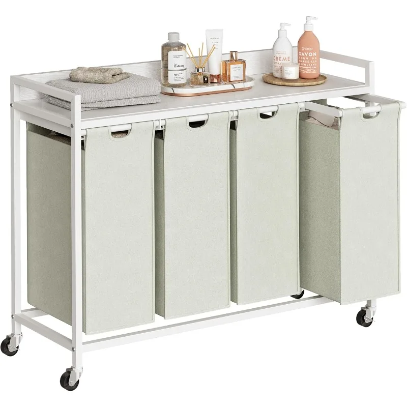 

Laundry Hamper with Shelf, Laundry Basket 4 Section, Laundry Sorter with Pull-Out Removable Large Bags and Movable Wheels, Metal