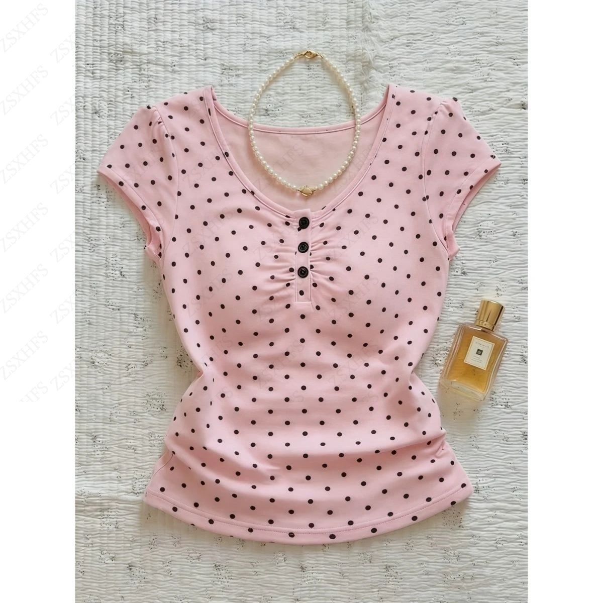 Sweet Kawaii T Shirts Women Summer Pink Wave point Coquettish Crop Top Harajuku Femme Aesthetic Cute Girl Elegant Short Sleeves