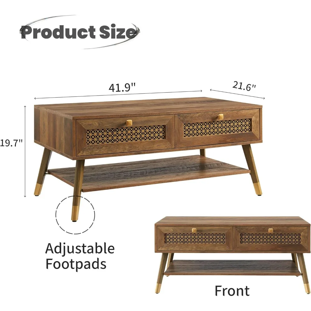 Mid Century Modern Coffee Table with Storage Drawers & Open Shelf, Solid Wooden Boho Rectangle Table with Metal Legs Designed fo