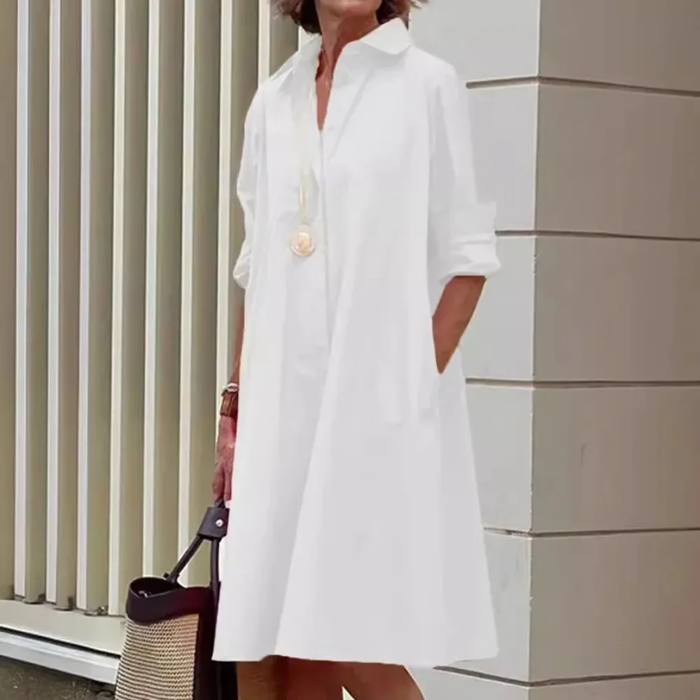 Vestidos ผู้หญิงชุดยาวสีทึบหลวม Fit Turndown COLLAR Elegant Splice ปุ่มอารมณ์เสื้อชุด 2025 สบายๆ