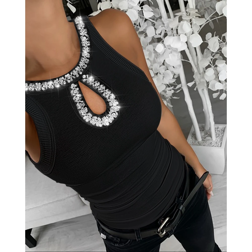 

Rhinestone Contrast Sequin Cutout Neck Sleeveless Slim Fit Elasticity Ribbed Top Elegant Tank