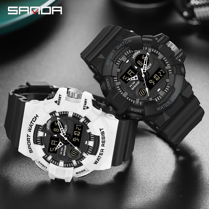 SANDA G Style White Sports Men\'s Watches Top Brand Luxury Military Quartz Watch Men Waterproof LED Digital Wristwatches