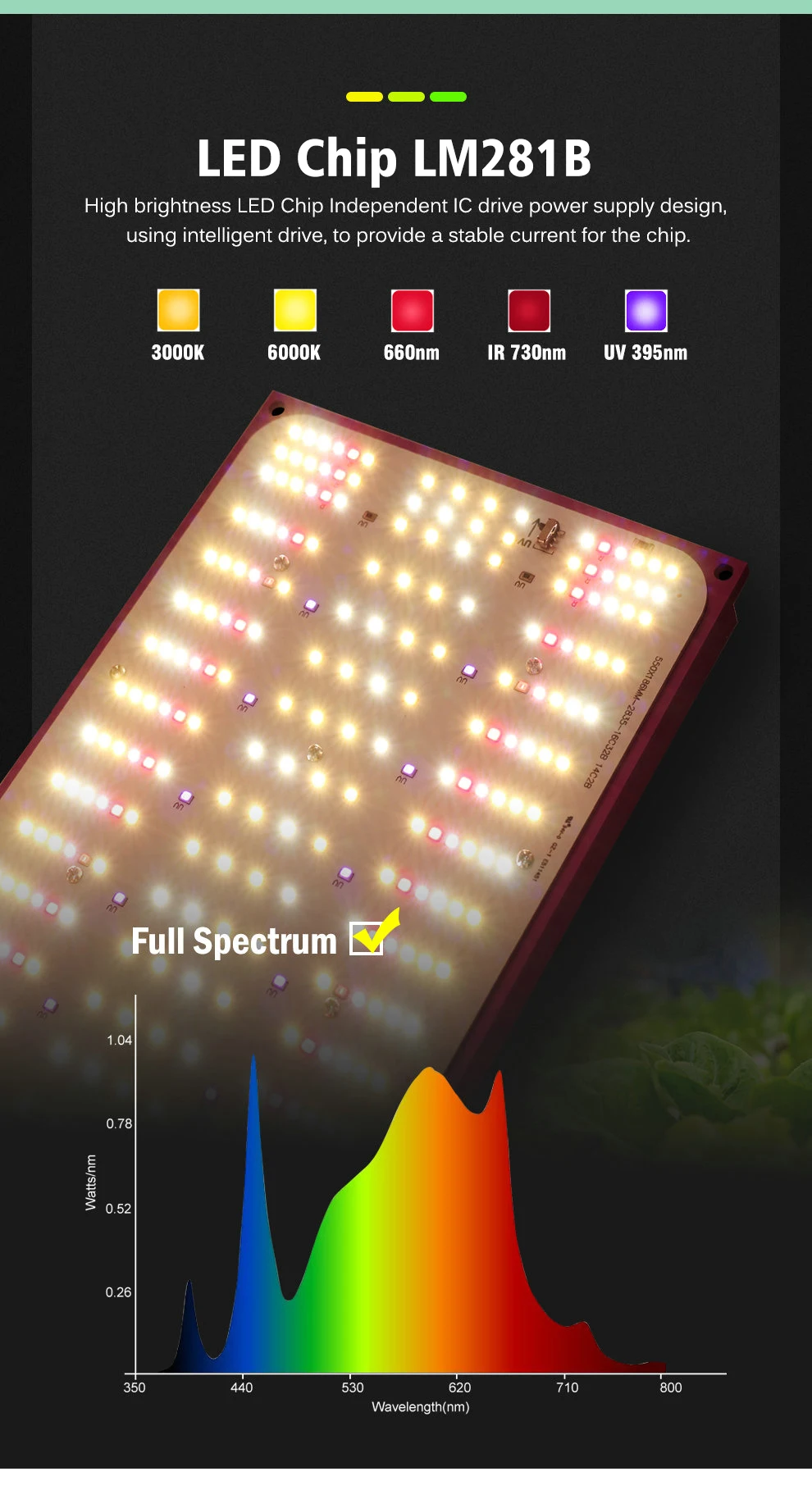 120W Vollspektrum LED-Wachstumslampe Lm281B 3000K 6000K 730Nm 395Nm Hochleistungs-LED-Chip für Gewächshäuser Dimmbar – Detail 2