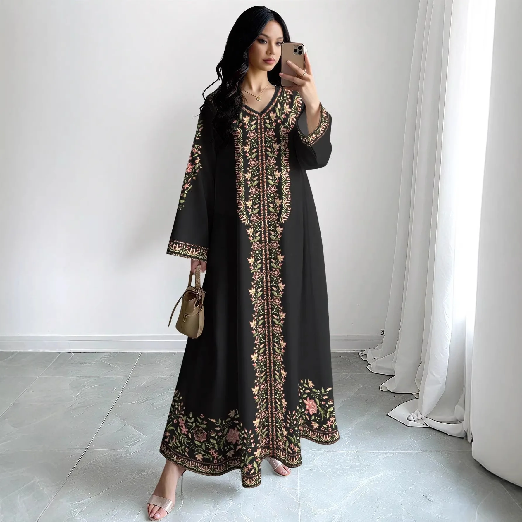 V-neck Fashionable Printed Long Sleeved Patchwork Casual Trumpet Dress For Women's Summer Versatile Outdoor Versatile Long Dress