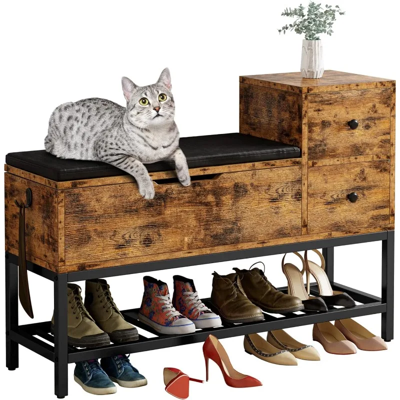 

Entryway Bench, Shoe Storage Bench with Flip Top Box and 2 Drawers, Shoe Rack with Removable Seat Cushion and Shoehorn