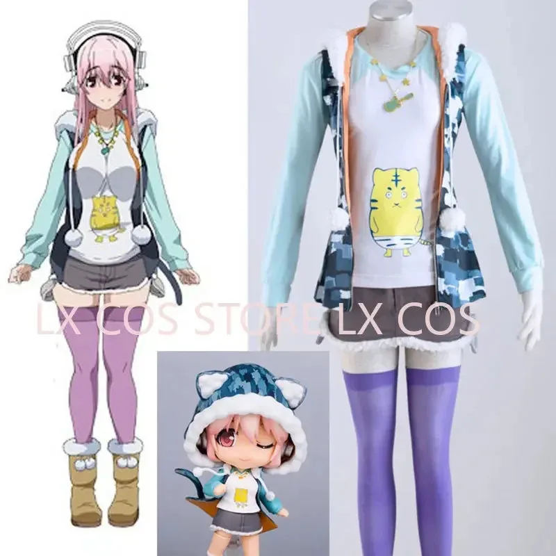 Anime Super Sonico ropa disfraz orejas de gato Sudadera con capucha (chaqueta camiseta Skrit) conjunto