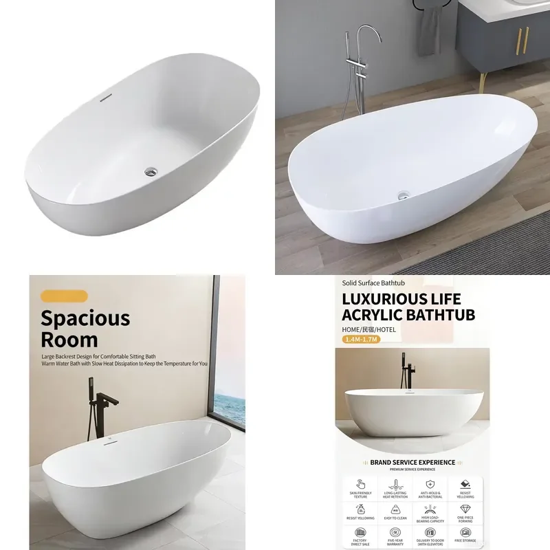 Modern White Acrylic Freestanding Adult Bathtub for Indoor Use Suitable for Hotel Villas with Drainage for 1 Person Soaking