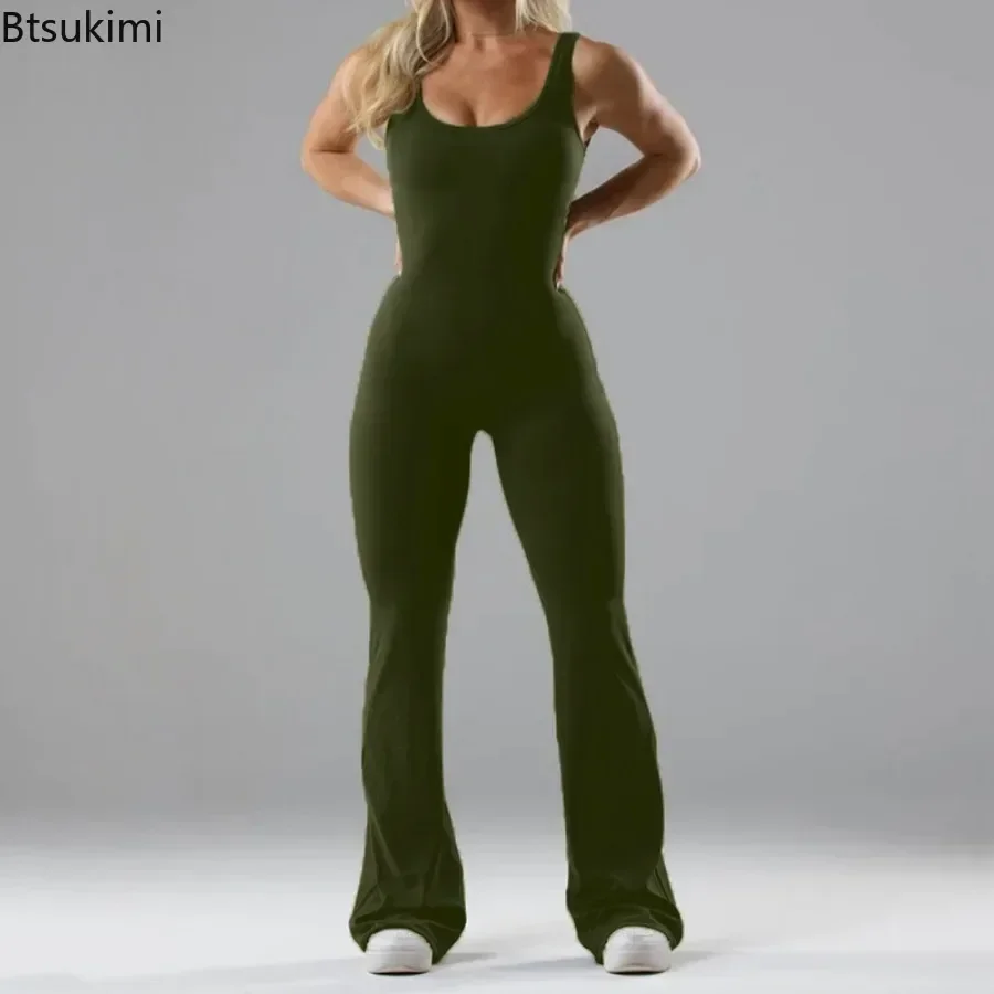 Jumpsuit Punggung Cantik Berongga Mode 2025 untuk Wanita Celana Flare Ramping Romper Tanpa Lengan Bodysuit Yoga Kebugaran Lari Wanita