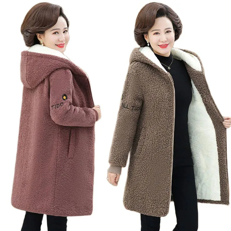 

Middle-Aged Mother Autumn Winter New Grain Fleece Woolen Cotton Coat Add Velvet Add Thick Coat Medium Long Padded Women Jacket