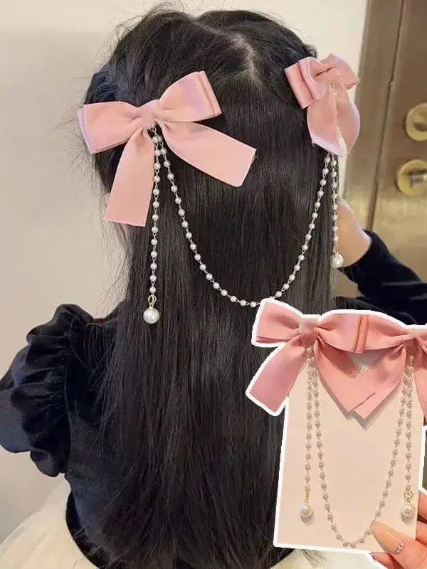 繊細なプリンセススタイルのピンクパールチェーンボウヘアクリップ女性用スイートアクセサリーc