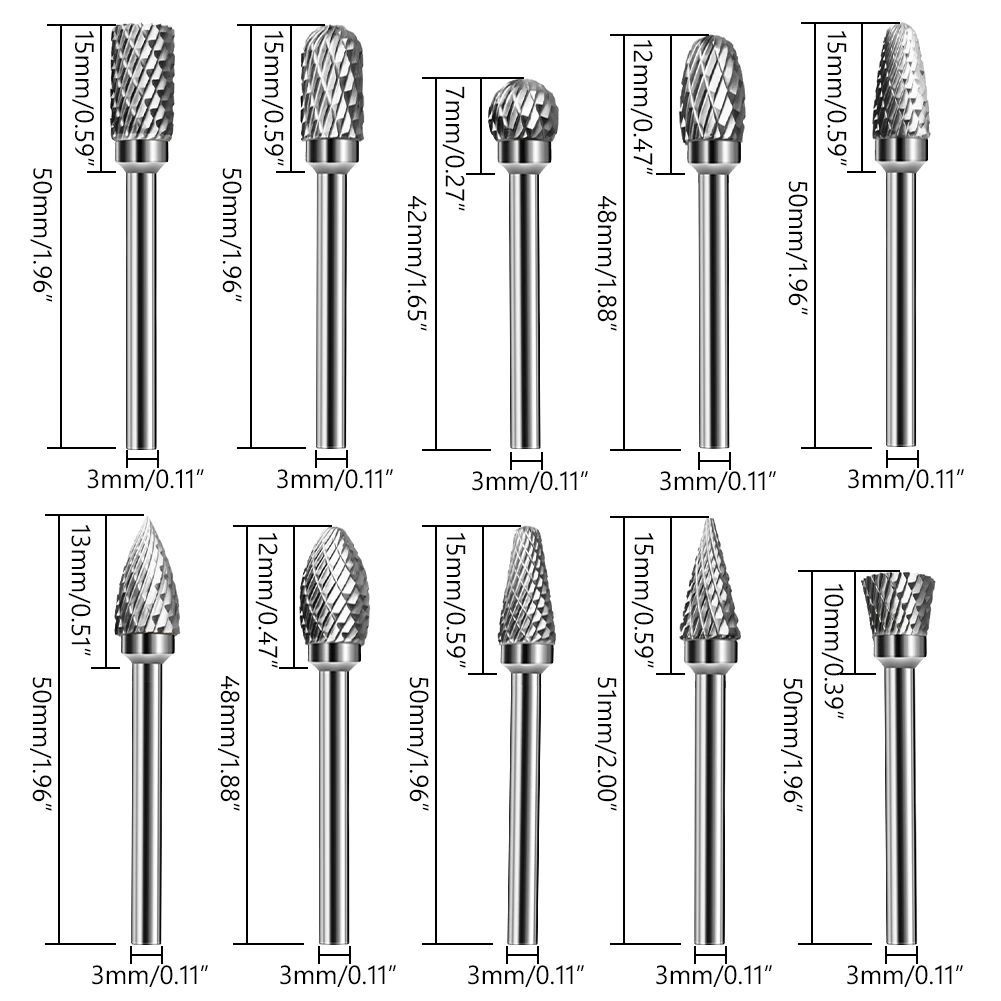 3mm Shank Drawing Tungsten Carbide Milling Cutter Rotary Tool Burr Double Diamond Cut Rotary Dremel Metal Wood Electric Grinding