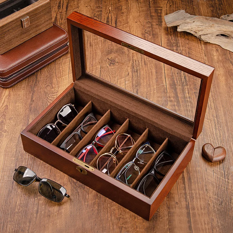 

European Glasses Sunglasses Multi-grid Storage Box with Lock Ash Wood Myopia Sunglasses Finishing Dust-proof Display Box
