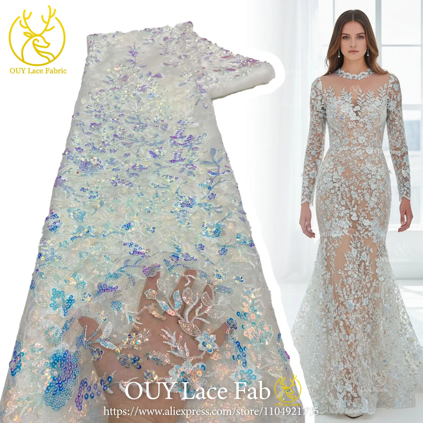 Tela de encaje Floral bordado con lentejuelas exquisito azul real 2026 tela de encaje de tul nigeriano para vestidos de fiesta Material de costura