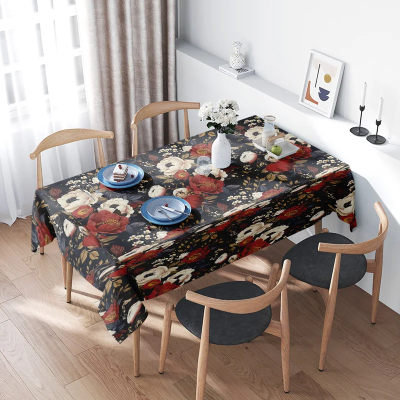 Mantel floral vintage con diseño de vino tinto, elegante cubierta de mesa negra para decoración de comedor, ropa de mesa de comida impresa en 3D