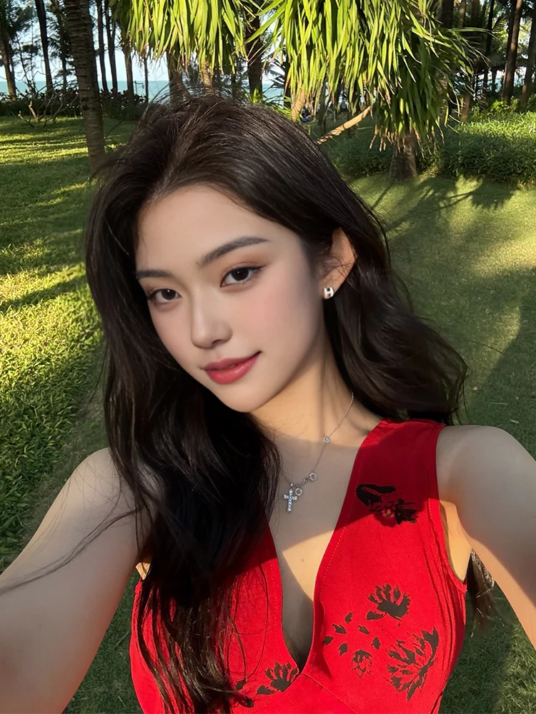 Gilet con stampa floreale Dr Donna Autunno Inverno Vintage Dimagrante Rosso V-Ne Vita incinta A-Line Lungo Dr Vacanze estive Sle