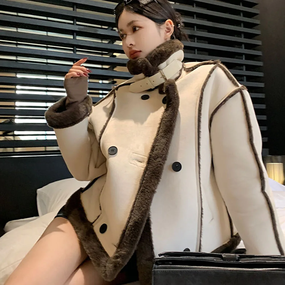 Fashion Suede Women's Jacket Warm Faux Lamb Wool Coat Stand Collar Street Trendsetters Loose Top Versatile Winter Women Clothing