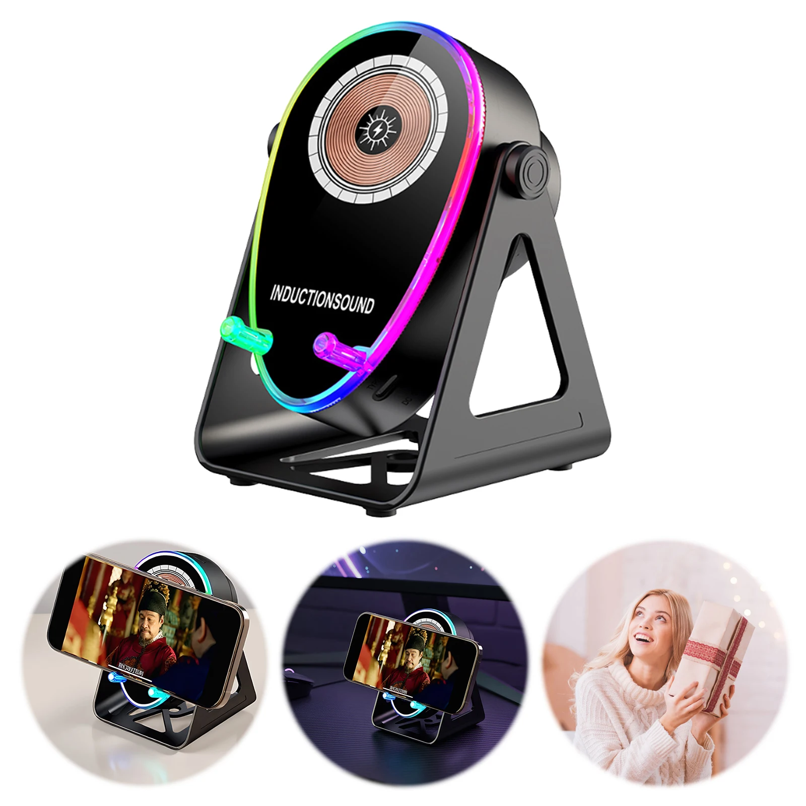 

Беспроводная индукционная колонка 5-в-1 с аккумулятором 5000 мАч и подставкой для телефона, подарок на день рождения для мужчин и женщин