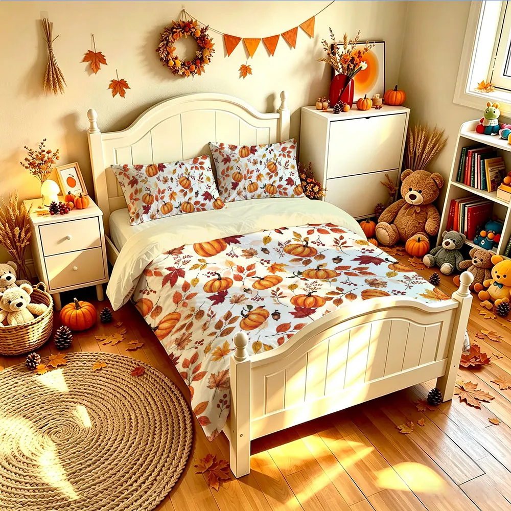 3PCS Autumn Pumpkin Maple Leaf Duvet Cover Set Soft Comfortable No Filling 1 Duvet Cover 2 Pillowcases Bedroom Festival Decor