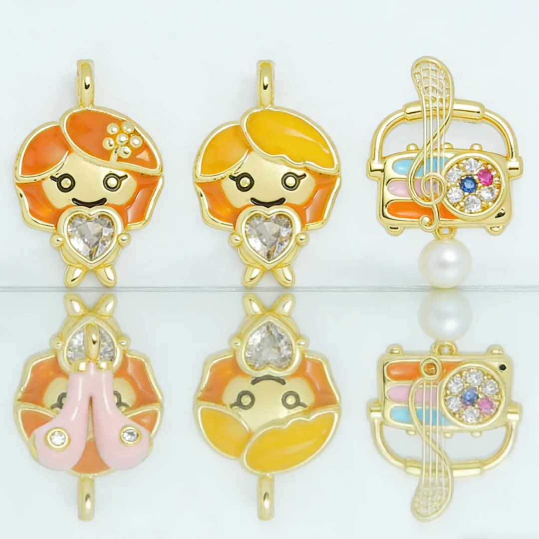

4Pcs Pendants Brass Zircon Enamel Charms Music Note Radio Socks Doll Badminton Design for DIY Jewelry Making Necklace Bracelet
