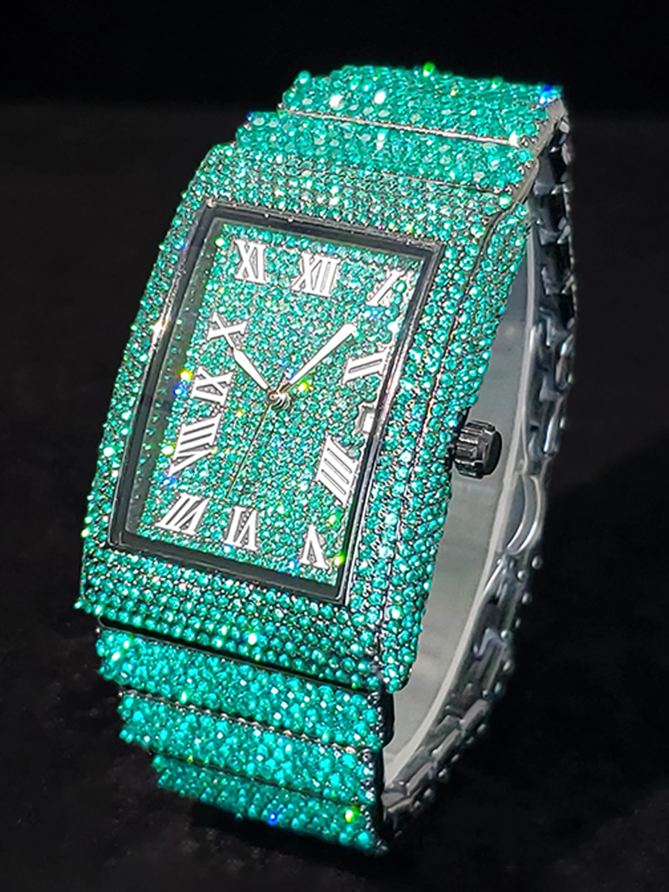 Green Rectangular Watch For Men Full Diamond Hip Hop Fashion Quartz Watches For Man Calendar Wristwatches Dropshipping