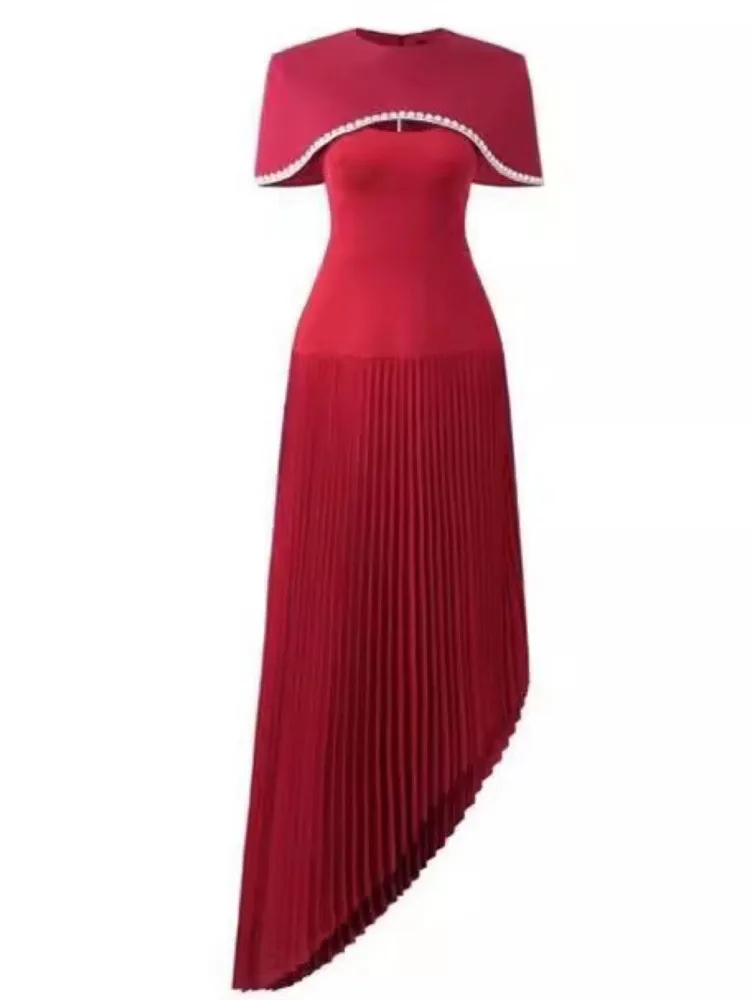 BJTZ 2025 겨울 투피스 케이프렛 비즈 플리츠 이브닝 드레스 디자이너 우아한 편안함 미니멀리스트 럭셔리 프리미엄