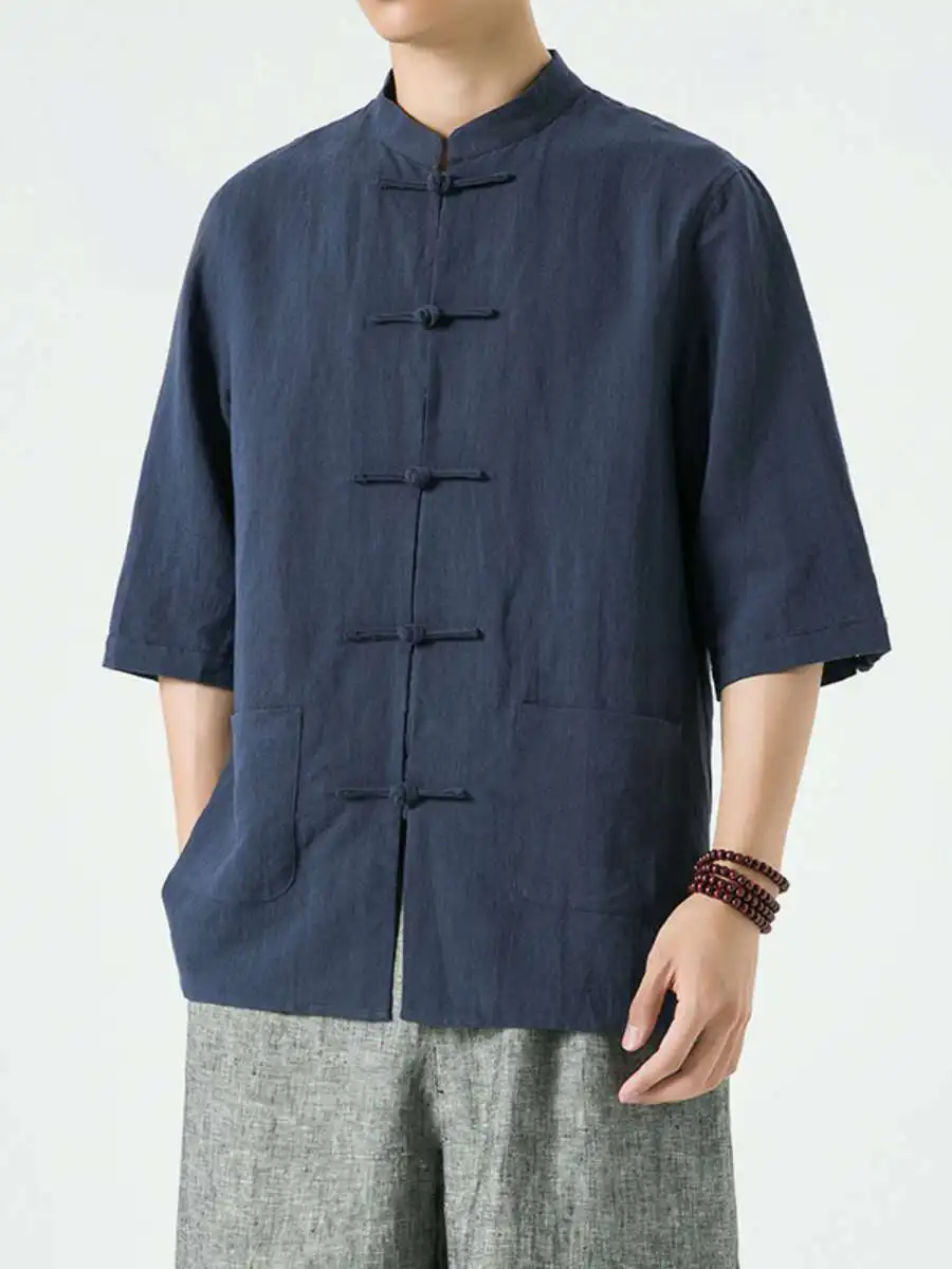 

New Men's Linen Cotton irt Chinese Sle Tang Suit Seven-Quarter Sve Summer Vintage Stand Collar Casual Large Size