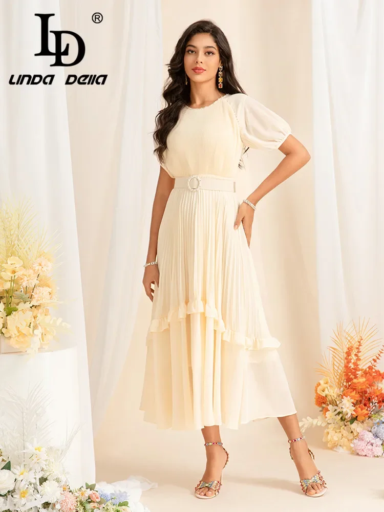 LD LINDA DELLA High Quality French Original 2024 New Crewneck Pleated Light Luxury Socialite High Fixed Long Dress