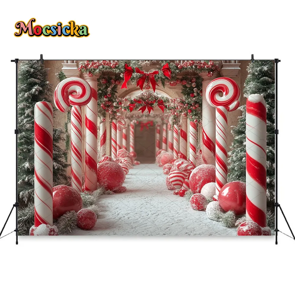 Mocsicka Christmas Candy Cane Arch Photography Background Xmas Wreath Snowy Wonderland Backdrop Winter Kid Birthday Photo Studio