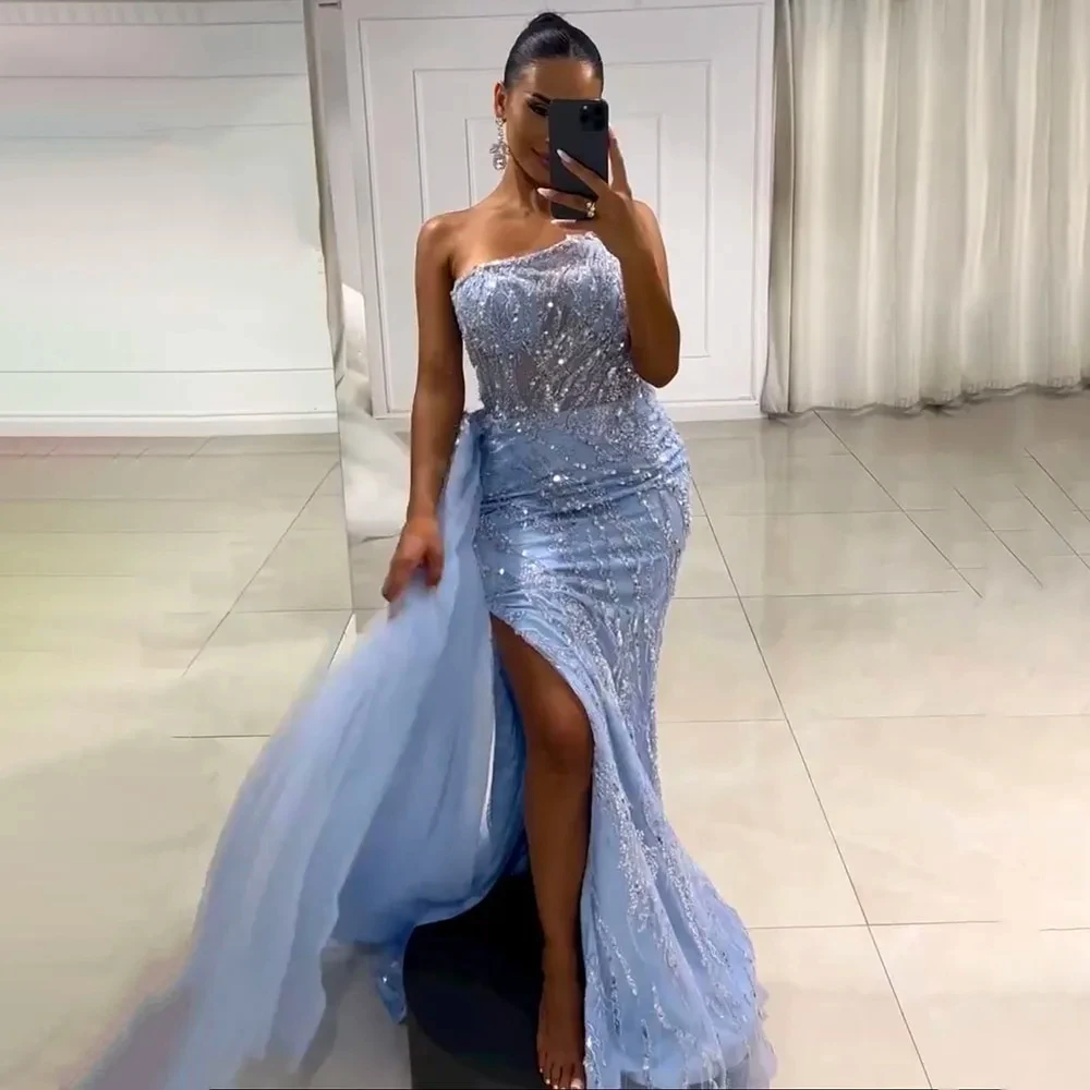 Tulle Mermaid Evening Dresses Beaded Sequined High Split Strapless Crystal Sleeveless Formal Party Prom Gowns Robe De Soiree