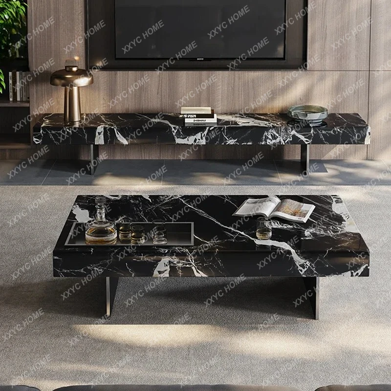 QBlack Rose Marble  Minimalist Light Living Room Natural Luxury Stone Texture Coffee Table Modern TV Cabinet
