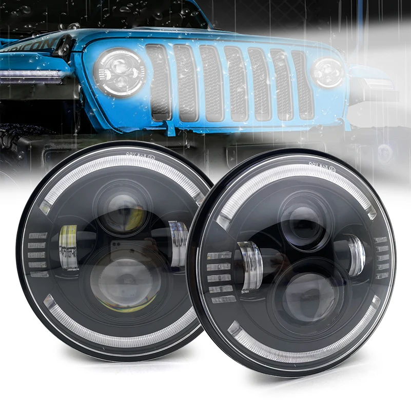 Pair 7 Inch LED Headlight H4 Hi-Lo With Halo Amber Angel Eyes DRL 12V 24V For Lada 4x4 urban Niva Offroad UAZ.